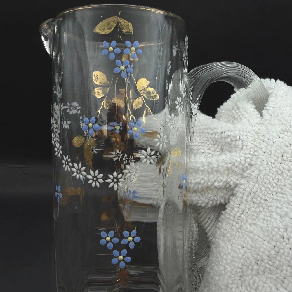 Antique Victorian Bohemian Enameled Glass Claret Pitcher Blue Floral Gilt 11‎ in